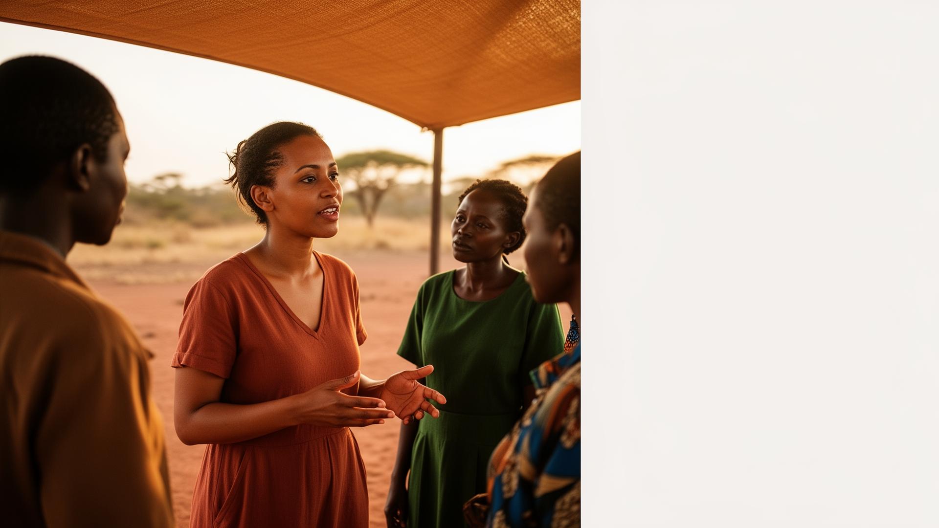 A community program manager in conversation with three community members under a sunlit awning